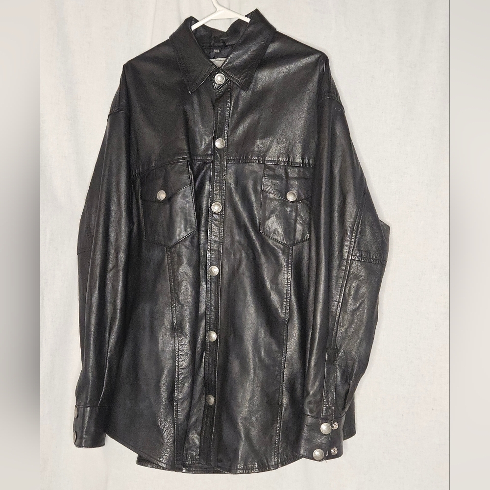 Unik Premium Black Leather Shirt With Buffalo Nickel Snap Buttons Sz 3XL